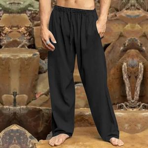 Pantalon élastique ample en lin pour hommes, vêtement d'été, loisirs, plage, droit, couleur unie, 2024, 240313
