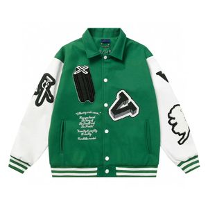 2024 Mens Luxurys Designer Varsity Jackets High Street Multi-Patches Mixed Leather Varsity Blouson Green Color Baseball Jacket Casual Streetwear Outerwear Coats