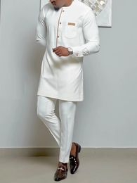 2024 Mens Pak Knop Crew Neckets Lange Mouw Top en broek Wedding Ethnic Style Outfit Clothing 240423
