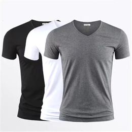 2024 Heren T-shirt Pure Kleur V Kraag Korte Mouwen Tops Tees Mannen T-Shirt Zwarte Panty Man T-shirts Fitness voor Mannelijke Kleding 240320