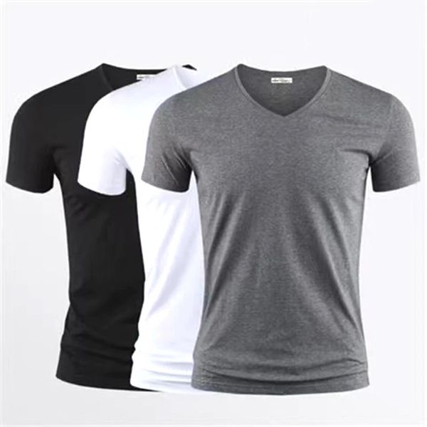 2024 Hommes T-shirt Couleur Pure Col V Manches Courtes Hauts T-shirts Hommes T-shirt Collants Noirs Homme T-shirts Fitness Pour Hommes Vêtements 240219
