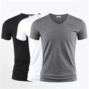 2024 T-shirt pour hommes solide col en v à manches courtes haut T-shirt pour hommes noir serré hommes T-shirt Fitness vêtements pour hommes 240305