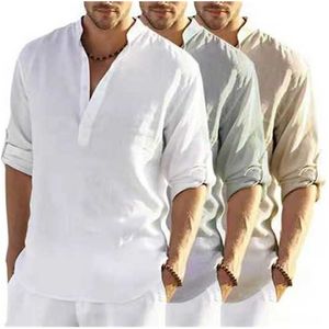 2024 Heren Top Los T-shirt Effen Kleur Lange Mouw Katoen Linnen Shirt Heren Plus Size Zakelijk casual comfortabel en ademend