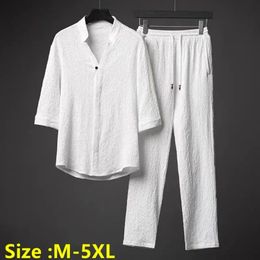 Ensemble pantalon deux pièces pour hommes, vêtements en pur coton et lin, manches courtes, printemps/été, 2024, 240221