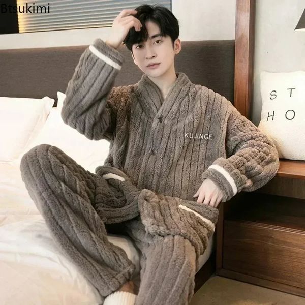 2024 Hommes Chaud Pyjama Ensembles Automne Hiver Épais 2 Pièces Ensemble Flanelle Vêtements De Nuit Lâche À Manches Longues Solide Homewear Ensembles De Vêtements De Maison 240313