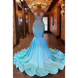 2024 Mermaid lichtblauw prom pre -dop mouwen kralen Rhinestones dames optocht jurken backless lange feest avondjurken bc16254 0229