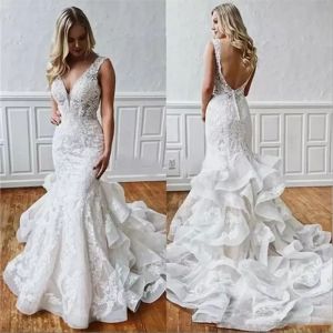 2024 Robes de mariée sirène robe nuptiale en V Ruffles Ruffles Applique sexy Satin de plage personnalisé sans fonte plus vestido de novia 401 Estido Estido