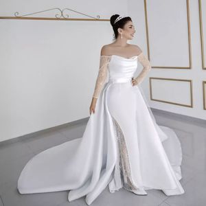 2024 Zeemeermin Trouwjurken Bruidsjurken Met Afneembare Trein Off-Shoulder Illusie Lange Mouwen Kralen Kant Elegante Bruidsjurk voor Afrikaanse Zwarte Vrouwen D205