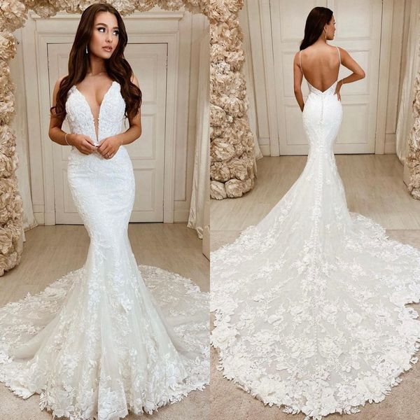 2024 vestidos de novia de sirena vestidos de novia Fulllace v Cuello con cuello 3d apliques 3d-flloral Vestido de boda decorado para mujeres africanas mujeres novias D214