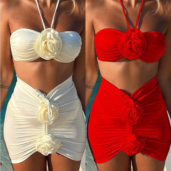 2024 Leche Flor blanca Beach Beach Bikini Set de tres piezas para mujeres