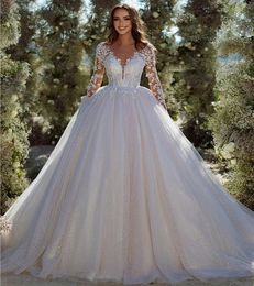 2024 moderno glitter tule vestido de casamento mangas compridas bordado rendas contas v pescoço feminino a linha vestidos de noiva feitos sob encomenda vestidos de novia robe de mariage