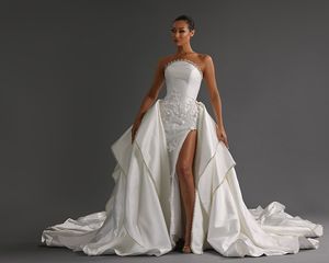 2024 Perles de luxe modernes tache robes de mariée sirène avec queue détachable appliques florales 3D perlées fentes hautes robes de mariée vestidos de novia