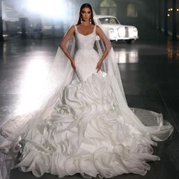 2024 Robe de mariée sirène moderne bretelles perles broderie dentelle à plusieurs niveaux Organza robes de mariée grande taille arabe Aso Ebi robes de Noiva Robe de Mariee