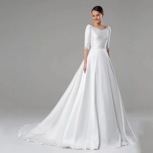 2024 moderne Satin Hochzeit Kleid Vestido De Noiva Scoop Neck Halbarm Perlen Steine A-linie Brautkleid für Frauen braut