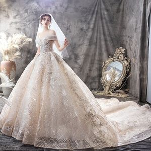 2024 Modest Princess A Línea Vestidos de novia Apliques fuera de los hombros Bling Vestidos de novia Vestido de novia Vestidos Vestidos de Noiva Cristales Mujeres Sexy Womed Wed Dress