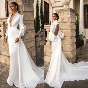 2024 Modest Unique Juliet Vestidos de novia de manga larga Sirena Trompeta Con cuello en V Tubería Tren desmontable Dubai Vestido de novia Batas De