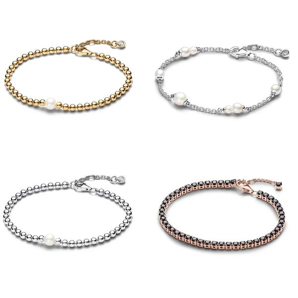 2024 Cadeau de fête des mères 925 Argent de haute qualité Logo original traité Perle de culture d'eau douce Bracelet à breloques Perles de luxe Bracelet de tennis scintillant pour les femmes