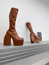 2024 Bottes Wolfe nues Chaussures de créateur Spice Bottines à hauteur de genou Botte en cuir noir Talon épais Plate-forme Chaussure 13cm
