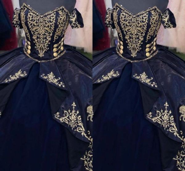 2024 vestidos de quinceañera azul marino con bordado dorado fuera de las correas del hombro corsé con cuentas espalda personalizada dulce 15 16 princesa desfile vestido de bola vestidos