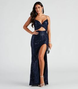 2024 Marineblauw Sequine Vrouwen Avondfeest Jurk Glanzend V-hals Bandjes Uitgesneden Silt Zeemeermin Maxi Prom Formele Toga Abendkleider Robe De Soiree