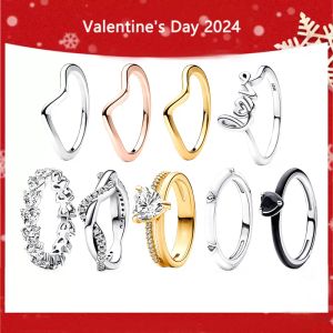 Bague en argent 2024 100% avec Logo Original de haute qualité, rangée de cœurs, bague ondulée éternité, bijoux cadeau de saint-valentin pour femmes, nouveauté 925