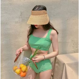 2024 NEW 2021 simple split high waist swimsuit women Korean version of solid color retro vintage slimming belly-covering swimsuit womenfor
