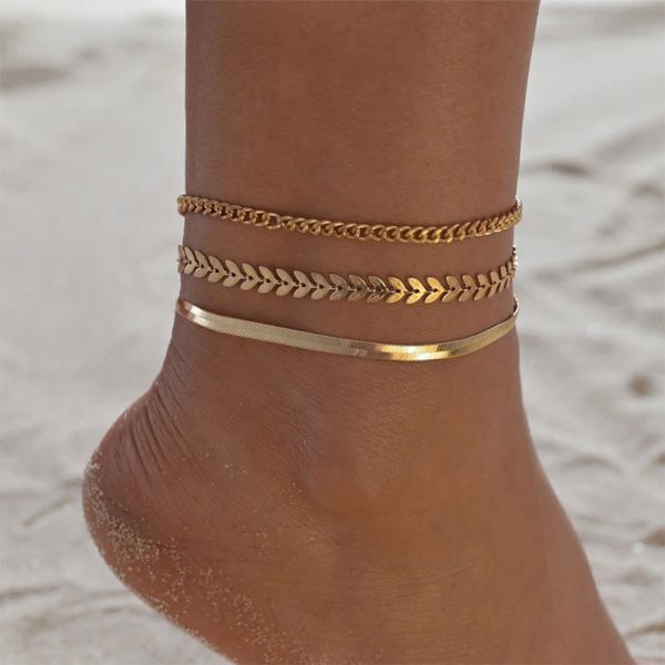 Bracelets de cheville en or jaune 14 carats pour femmes, bijoux de pied de plage, chaîne de jambe, accessoires, nouveauté 2024, 3 pièces/ensemble