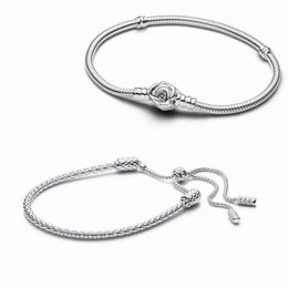 2024 Nouveau 925 Moments en argent sterling Rose en fleur Fermoir Serpent Chaîne Bracelet Clouté Chaîne Curseur Bracelets Fit Charms Femmes Cadeaux Bijoux de luxe