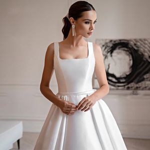 2024 Nieuwe A-Line Satin Wedding Dress Square kralen boog A-lijn Court Train Princess Bridal Formele jurk plus maat op maat gemaakte Vestios de novia