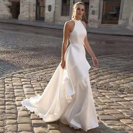 2024 Nuovo arrivo A-line Abito da sposa Haletr Backless Ruffles Raso Donna Abiti da sposa Sweep Train Custom Made Abiti da sposa Mariage