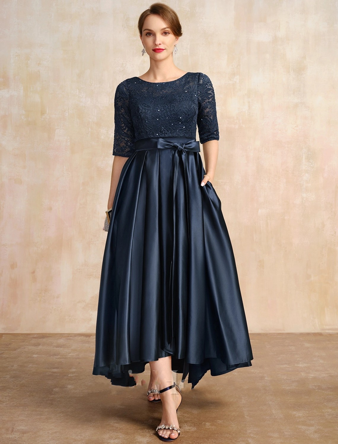 2024 New Arrival Dark Navy Mother of the Bride Dress A-line Scoop Asymmetrical Satin Lace Beads Bow Sash Wedding Guest Party Gowns for Women Plus Size
