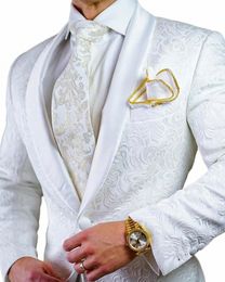 2024 Nueva llegada de alta calidad One Butt White Groom Tuxedos Hombres Boda Traje de fiesta formal 2 piezas Chaqueta + Pantalón Ropa de gama alta 326F #