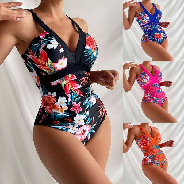 Traje de baño de una pieza para mujer, traje de baño Sexy de Europa y América con escote en V profundo, Bikini de orden cruzada, novedad de 2024