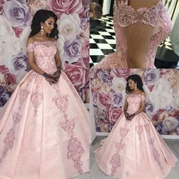 2024 Nouvelle arrivée Pink Quinceanera Robes Souilles de casquette Bateau Perles de dentelle Perles Puffy Sweet 16 Plus taille Prom Prom Robe de soirée 403