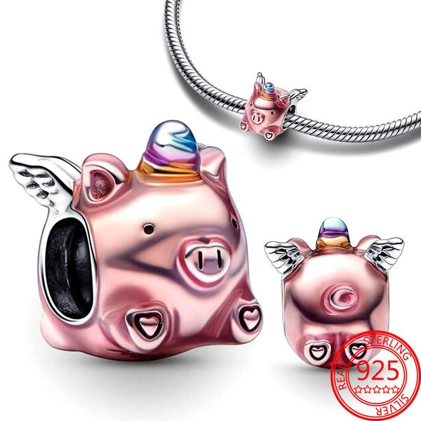 Abalorio de cerdo y unicornio volador de plata de ley para mujer, pulsera Original, piezas de joyería DIY, novedad de 2024