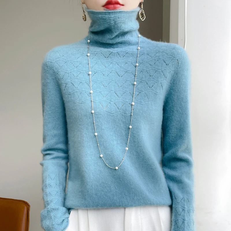 2024 Novo suéter de outono e inverno Momento de suéter oco meio-altura de gola alta manga longa 100% de lã de primeira linha pronta para vestir suor