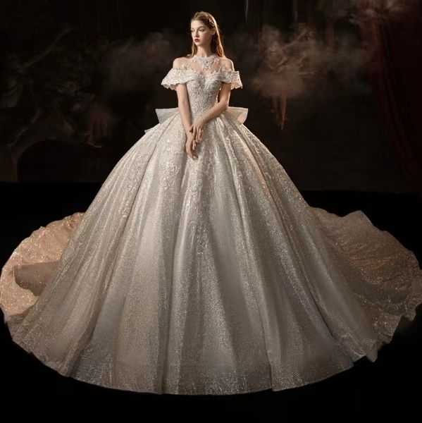 2024 Nouvelles robes de mariée robes de mariée Diamond Crystal Pearls Scoop Col plus taille Robe brillante Train Bling Bridal Bridal Vestido de Novia 403