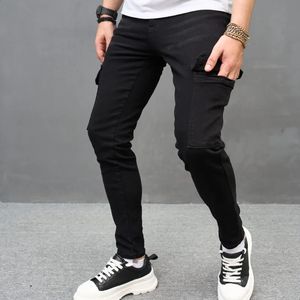 2024 Nouveau noir ultra mince hommes jeans élastiques pantalons cargo mode hip hop vêtements de rue vêtements de travail pour hommes pantalons en denim de poche 240217