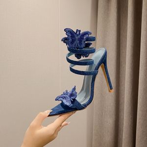 Sandales en Denim avec nœud pour femmes, chaussures de luxe à talons aiguilles, avec sangle serpent, papillon, taille 35 à 42, nouvelle collection 2024