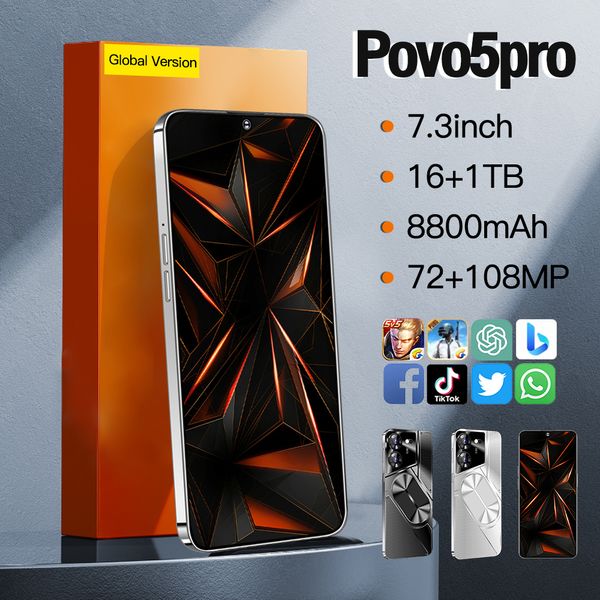 2024 Nueva marca Povo 5pro versión global teléfono móvil Pantalla de 7,3 pulgadas Batería grande de 8800 mAh compatible con tarjetas telefónicas duales Android 13 compatible con OTG