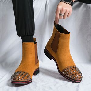 Botas Chelsea marrones para hombre, botines aterciopelados con remaches, pomo Punk hechos a mano, botas cortas para hombres, talla 38-46, novedad de 2024