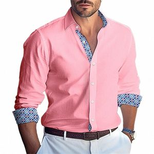2024 Nieuwe Busin Fi Casual Mannen Butt Shirt Lg Mouwen Roze Wit Gedrukt Flip Kraag Dagelijks Vacati Kleding x3SP #