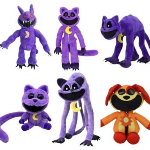 2024 Nouveau chat souriant en pleurs de poupée en peluche violette remplie d'animaux Souring Cat Piece en peluche