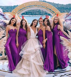 2024 Nieuwe goedkope Afrikaanse paarse chiffon bruidsmeisje jurken verschillende stijlen Long Beach Garden Zomer Bruiloft Gastgasten Lidatie -jurk 403