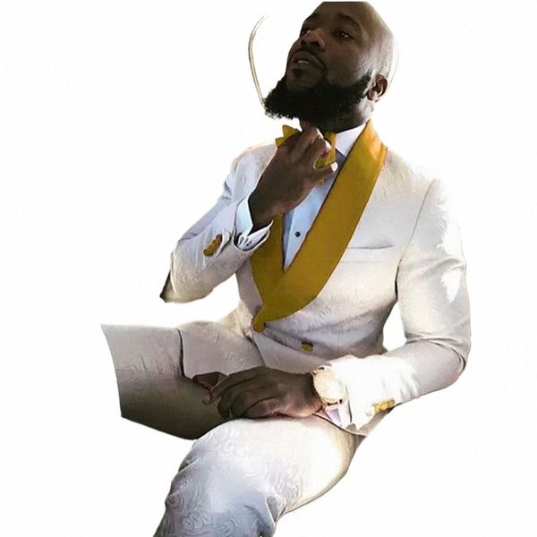 2024 Nouveaux costumes personnalisés pour hommes Coloré Blanc Fi Jacquard Tuxedos de mariage avec revers en or Slim Fit Groom Blazer Pantalon Ensemble y8Yn #