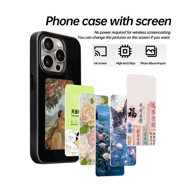 2024 Nouveau design DIY NFC Ink Screen Projection Téléphone Case pour iPhone 15 Pro Max 14 14pro 14promax 13 13pro avec coffre de détail NOUVEAU TECHNOLOGIE BLACK AI Smart Cases