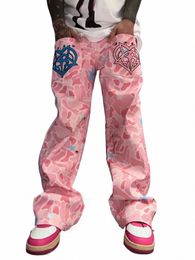 2024 Nouveau design Sense Heavy Craftsmanship Rose Camoue Jeans brodés Hommes Street Hip Hop Unisexe Pantalon droit large jambe G2qF #