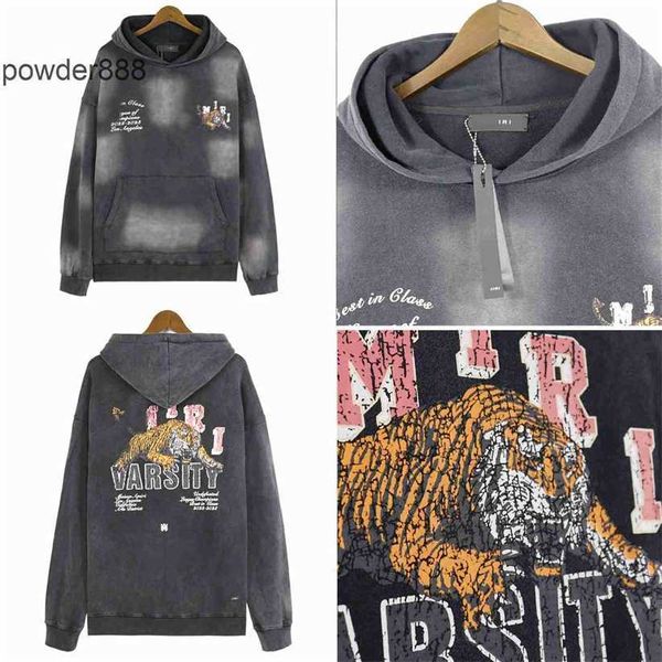 2024 Nueva marca de diseñador Chaquetas viejas lavadas de otoño e invierno con sudaderas con capucha con estampado de tigre Nueva letra suelta para hombre Top para mujer ZBR3