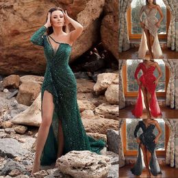 2024 Vestidos de vestimenta de nuevos diseñadores Sexy Un hombro Sequin Dress Fiesta de la noche Mujeres elegantes Solid High División Backless Farty Dress Disser para mujeres