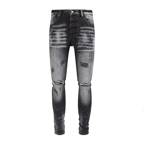 Jean de styliste pour hommes, pantalon de rue, marque tendance, Patch de peau cassée, élastique, coupe cintrée, bleu profond, nouvelle collection 2024